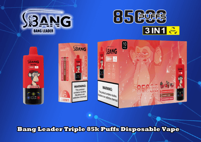 Promotiefoto van de Bang Leader Triple 85k Puffs Disposable Vape met een rode verpakking met apenmotief, met smaken als aardbeiwatermeloen, kersencola en aardbeienroom, tegen een blauwe achtergrond.