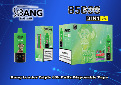Promotiefoto voor de Bang Leader Triple 85.000 Puffs Disposable Vape, met een groen vape-apparaat met een cartoon-aapje, verpakking met smaken als Red Apple Ice en Aloe Grape en een nicotinewaarschuwing van de FDA.