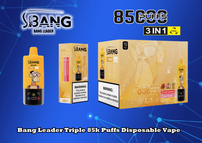 Promotieafbeelding voor Bang Leader Triple 85k Puffs Disposable Vape met productverpakking en nicotinewaarschuwing.