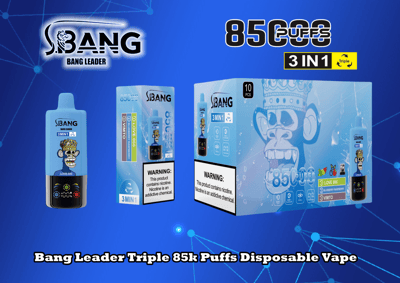 Promotiefoto van Bang Leader Triple 85k Puffs Disposable Vape met verpakking en productontwerp met een afbeelding van een aap, verschillende smaken en een nicotinewaarschuwingslabel.