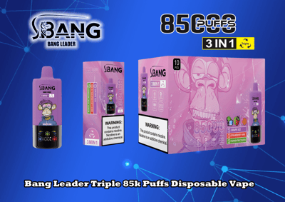 Promotiefoto van Bang Leader Triple 85k Puffs Disposable Vape met een paars vape-apparaat en verpakking met een cartoon-aapontwerp, een waarschuwingslabel over nicotineverslaving en smaken zoals druivenijs, aardbei-kiwi en passievrucht-guave.