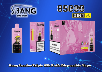 Promotiefoto met de Bang Leader Triple 85k Puffs Disposable Vape-verpakking met een roze ontwerp met een cartoon-aap en smaken zoals aardbei-ijs en watermeloen-bubbelgum tegen een blauwe achtergrond.