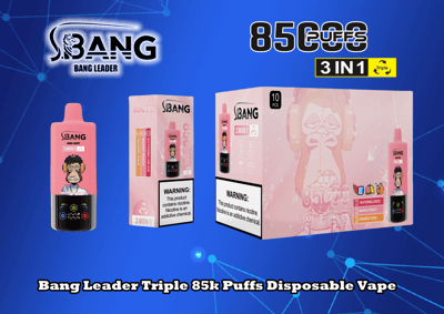 Promotiefoto voor Bang Leader Triple Disposable Vape met een roze vape-apparaat en verpakking, met 85.000 trekjes en 3-in-1-smaakopties; inclusief een nicotinewaarschuwing.