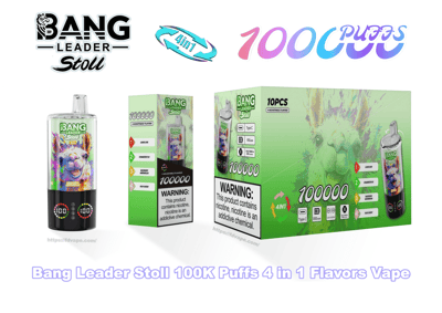 Green-themed product photo of Bang Leader Stoll disposable vape: a single vape device with colorful llama artwork, matching individual box and a 10-piece display box labeled 100000/100K puffs and 4-in-1 flavors, with flavor icons, brand logos and a visible nicotine warning.
