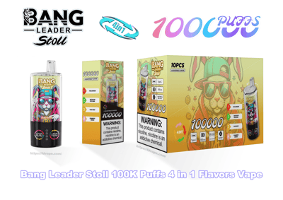 Bright marketing display showing a cylindrical Bang Leader Stoll disposable vape and matching retail boxes branded 100000 puffs and 4-in-1, featuring a colorful sunglasses-wearing rabbit graphic, flavor indicators, warning labels and a small digital puff counter on the device.