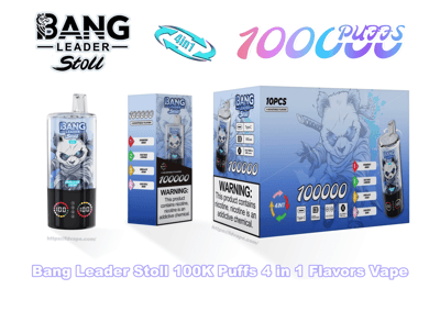 Blue-themed Bang Leader Stoll vape device and retail boxes featuring a stylized panda illustration, prominent 100000/100K puffs and 4-in-1 flavor labels with flavor icons, product images and nicotine warning text.