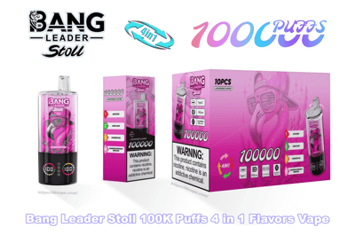 Pink-themed product shot showing a Bang Leader Stoll disposable vape, its individual box and a 10-piece retail box labeled 100000/100K puffs and 4-in-1 flavors, featuring stylized flamingo-with-sunglasses artwork, flavor icons, and a prominent nicotine warning label.
