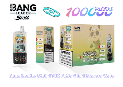 Product image showing a Bang Leader Stoll disposable vape and its retail boxes featuring a sunglasses-wearing panda illustration, bold "100000" and "100K puffs" and "4-in-1" labels, flavor indicator icons, Type-C and battery icons, and a prominent nicotine warning on the packaging.