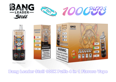 Packaging and disposable vape device for 'Bang Leader Stoll' showing a cylindrical device and two boxes with a colorful cat illustration wearing glasses, prominent '100000' and '100K puffs' text, a '4-in-1' flavor logo, and a nicotine warning on an orange gradient background.