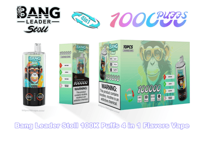 Product showcase of a Bang Leader Stoll 100K Puffs 4-in-1 disposable vape: a clear-topped cylindrical device with colorful monkey artwork, two mint-green retail boxes showing product features and icons (Type-C, 850 mAh), prominent '100000' puff branding and a nicotine warning panel, all on a white background.