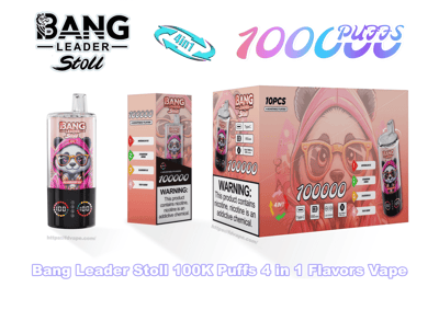 Pink-themed product photo of a Bang Leader Stoll disposable vape and matching packaging, showing '100000 puffs' and '4-in-1' flavor graphics, illustrated mascot with glasses on the box, flavor callouts and nicotine warning labels, and a cylindrical vape device with digital indicator icons.