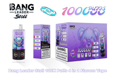 Product packaging and disposable vape device for Bang Leader Stoll showing a purple 100,000‑puff, 4‑in‑1 flavors disposable vape with a cartoon purple bear wearing sunglasses on the box, a clear‑topped cylindrical device with LED display, prominent 100000/100K branding and visible nicotine warning labels on a white background.