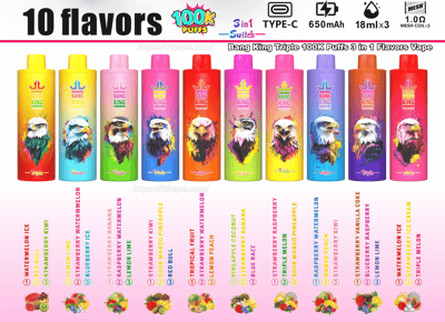 Fila di dieci coloratissimi dispositivi di vaporizzazione usa e getta Bang King Triple con grafica stilizzata di un'aquila, nomi di sapori e icone di frutta sotto, e testo di intestazione che pubblicizza 10 gusti, 100.000 sbuffi, Type‑C, 650mAh, 18ml×3 e bobine mesh da 1,0Ω.