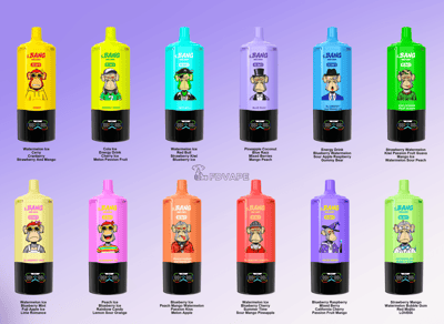 Twelve brightly colored S.BANG energy drink bottles with cartoon ape mascots, arranged in two rows on a purple gradient background.