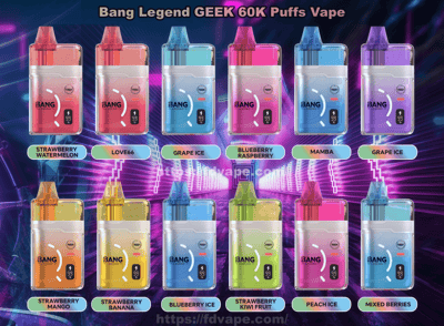 Twelve Bang Legend GEEK 60K Puffs vape-enheter i ljusa färger arrangerade i två rader, med smaketiketter synliga under varje.