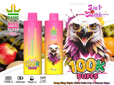 Due dispositivi di vaporizzazione usa e getta dal rosa brillante al giallo etichettati Bang King Vapen Triple accanto a una grande illustrazione colorata di un'aquila, testo in grassetto da 100K PUFFS, marchio Switch 3 in 1 e immagini di frutta di sfondo.