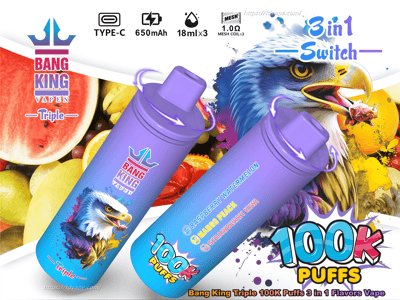 Annuncio colorato del prodotto che mostra due vaporizzatori usa e getta Bang King Triple con gradiente viola-blu con un'aquila illustrata e uno sfondo di frutta a fette, etichettati come Switch 3 in 1 e vaporizzatori da 100K con icone per e-liquid di tipo C, 650 mAh, 18 ml×3 e bobine a rete.