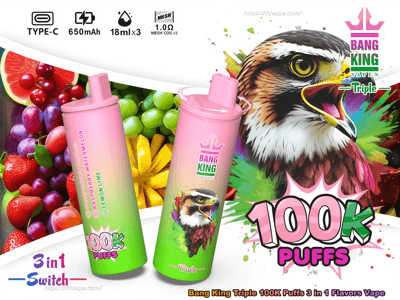 I vaporizzatori usa e getta Bang King Triple con gradiente dal rosa al verde brillante sono visualizzati con un falco illustrato e uno sfondo di frutta mista, etichettati in modo prominente 100K Puffs e con l'elenco di tre gusti: banana fragola, anguria lampone, lime e limone.