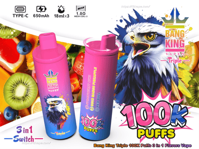 Immagine colorata del prodotto che mostra due dispositivi di vaporizzazione monouso Bang King Triple con sfumature rosa con un'aquila calva illustrata e uno sfondo di frutta, che pubblicizzano in modo visibile boccate da 100.000 e gusti 3 in 1, con icone che indicano la ricarica di tipo C, batteria da 650 mAh e pod da 18 ml×3.