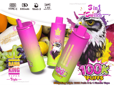 Tre dispositivi di svapo Bang King con gradiente dal rosa al verde con il logo di un falco, il marchio '100K puffs' in evidenza e il marchio 'Switch 3 in 1', mostrati su uno sfondo di frutta e icone per la bobina mesh di tipo C, 650 mAh, 18 ml × 3 e 1,0 Ω.