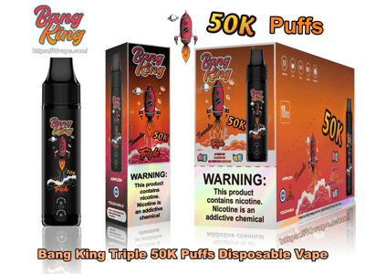 Black Bang King Triple Einweg-Vaporizer mit passenden orangefarbenen Verkaufsverpackungen mit einem Cartoon-Raketenlogo, auffälligem "50K Puffs"-Text und einem Nikotin-Warnschild.