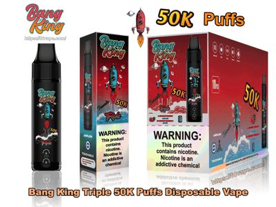 Das Black Bang King Triple Einweg-Vape-Gerät wird neben der passenden Einzelhandelsverpackung mit einer blauen Raketengrafik, großem "50K Puffs"-Text und einem auffälligen Nikotin-Warnschild angezeigt.