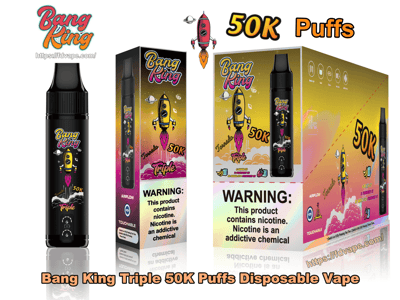 Black Bang King Einweg-Vaporizer und passende farbenfrohe Verkaufsverpackungen mit einer gelben Raketengrafik, großem '50K Puffs'-Text und einem auffälligen Nikotin-Warnschild.