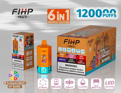Orange FIHP MULTI 6-in-1 disposable vape device and two product boxes branded “12000 puffs,” showing six flavor names, icons for 6 independent oil tanks, 650mAh battery, Type-C charging, 64ml volume, dual mesh coil and LED screen, and a nicotine warning label.