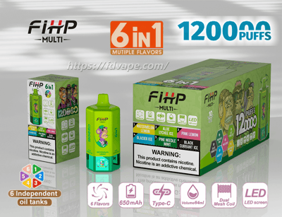 Green FiHP Multi 6-in-1 disposable vape device shown with small and large retail boxes featuring cartoon monkey artwork, prominent 12000 puffs and 6-in-1 labels, icons for 6 flavors and 6 independent oil tanks, 650 mAh Type‑C charging, 64 ml volume, dual mesh coil and LED screen, and a nicotine warning on the packaging.