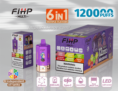 Purple FiHP Multi 6-in-1 disposable vape device with matching retail boxes showing '6 in 1' and '12000 puffs', six flavor panels and icons, product features (6 independent oil tanks, 650 mAh battery, Type-C charging, 64 ml volume, dual mesh coil, LED screen) and a visible nicotine warning label.
