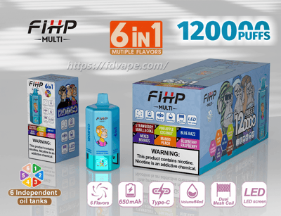 Display of a blue FiHP Multi 6-in-1 disposable vape and two product boxes advertising 12,000 puffs and six independent oil tanks, with colorful cartoon monkey artwork, flavor panels, and icons for 650 mAh battery, Type-C charging, dual mesh coil and LED screen.