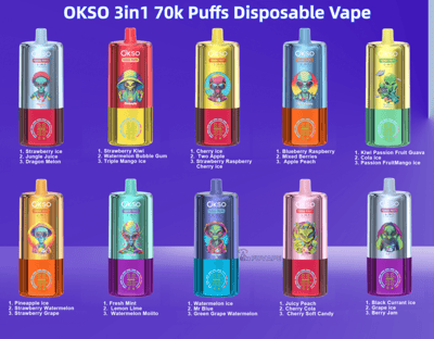 Row of eight colorful disposable vape bottles with flavor names and “OKSO 3in1 70k Puffs Disposable Vape” headline on purple background