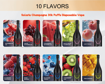 Promotional collage of ten Solaris Champagne 30k Puffs disposable vape bottles, each representing a fruit flavor.