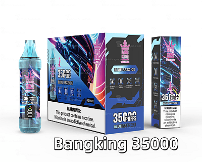 A package and bottle of Bangking 35000, featuring the flavor "Blue Razz Ice," with the bottle displaying the capacity for 35,000 puffs. The packaging includes a warning about nicotine as an addictive chemical.