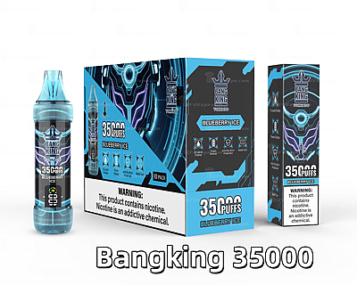 Packaging design for Bangking 35000 disposable vape in Blueberry Ice flavor, showing a bottle, box, and side panel with features like e-liquid display, power display, anti-dry burn protection, and mesh coil, alongside a nicotine warning label.