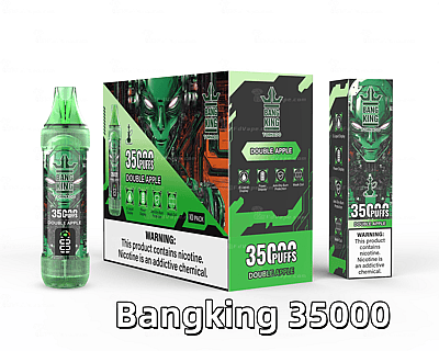 Packaging and bottle design for Bangking 35000 Double Apple disposable vape, featuring a green futuristic robot theme, product details, and nicotine warning label.