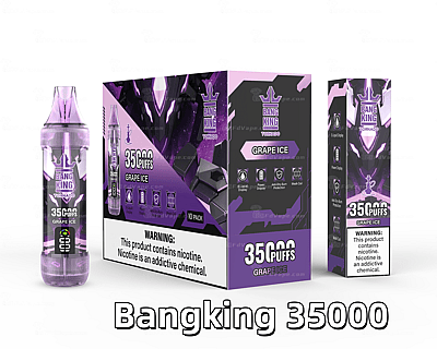 Bang King Tornado 35000 Puffs Grape Ice vape packaging, featuring a purple theme with a device image, product details, and a nicotine warning.