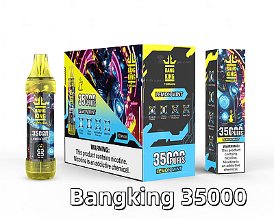 Bangking 35000 Lemon Mint vape packaging, featuring a yellow vape device, product details, and warning labels stating nicotine is addictive.