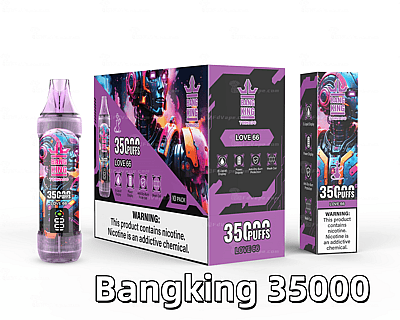 Bang King Tornado Love 66 vape packaging, featuring a purple robotic design, product details for 35,000 puffs, and a nicotine warning label.