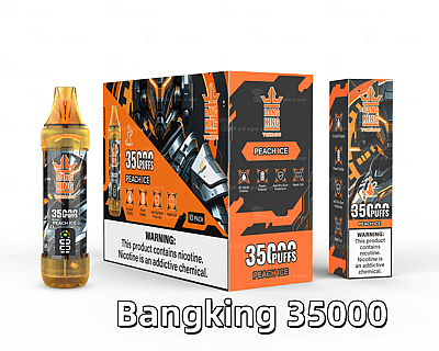 Bang King Tornado Peach Ice disposable vape with 35000 puffs, featuring orange packaging, futuristic design, and nicotine warning label.