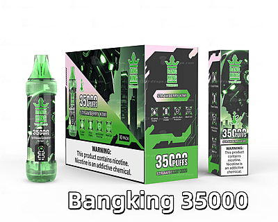 Green and black Bang King Tornado disposable vape packaging and device featuring "35,000 puffs" and "Strawberry Kiwi" flavor, with nicotine warning text.