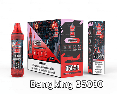 Bangking 35000 Strawberry Watermelon disposable vape packaging, featuring a red device, bold branding, and warning labels about nicotine addiction.