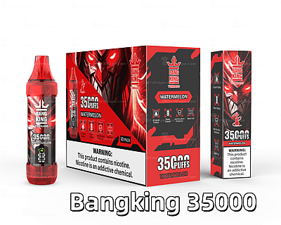 Bang King Tornado 35000 puffs disposable vape in watermelon flavor, featuring red and black packaging with a bold graphic design, nicotine warning label, and product specifications.