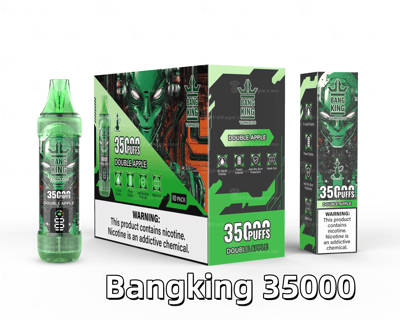 Packaging and bottle design for Bangking 35000 Double Apple disposable vape, featuring a green futuristic robot theme, product details, and nicotine warning label.