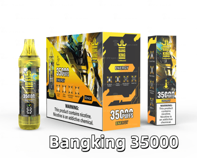 A Bang King Tornado 35000 Energy disposable vape package featuring the device, a 10-pack box, and side packaging, highlighted with yellow and black design elements, and product details.