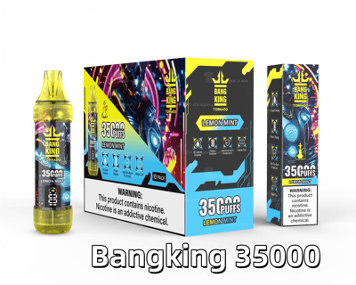 Bangking 35000 Lemon Mint vape packaging, featuring a yellow vape device, product details, and warning labels stating nicotine is addictive.