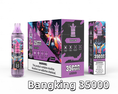 Bang King Tornado Love 66 vape packaging, featuring a purple robotic design, product details for 35,000 puffs, and a nicotine warning label.