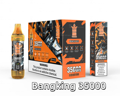 Bang King Tornado Peach Ice disposable vape with 35000 puffs, featuring orange packaging, futuristic design, and nicotine warning label.