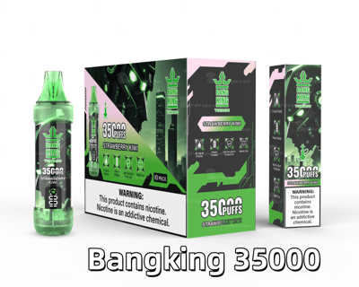 Green and black Bang King Tornado disposable vape packaging and device featuring "35,000 puffs" and "Strawberry Kiwi" flavor, with nicotine warning text.