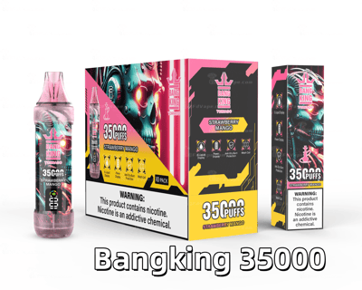 Bang King 35000 Strawberry Mango disposable vape packaging, featuring vibrant pink and yellow designs, a futuristic skull graphic, and product details like "35,000 puffs," e-liquid display, and anti-dry burn protection.